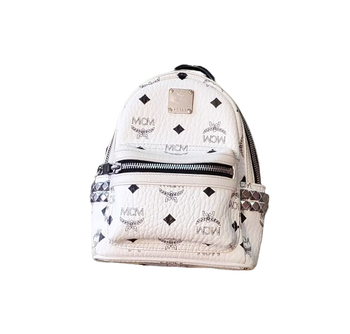 MCM Visetos Pattern Leather Small Studded Backpack White