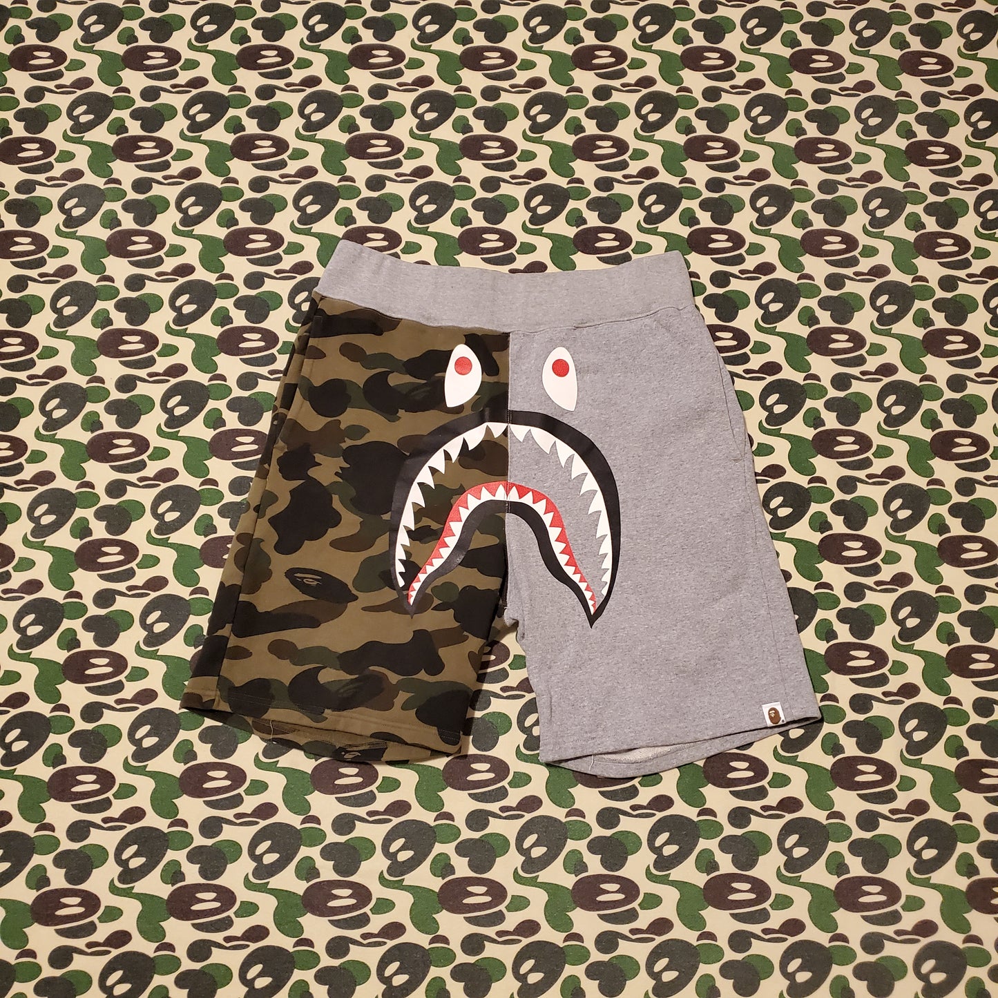 Bape Grey / Green Camo Cotton Shark Shorts