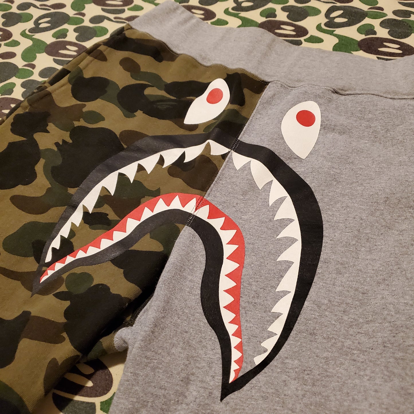 Bape Grey / Green Camo Cotton Shark Shorts