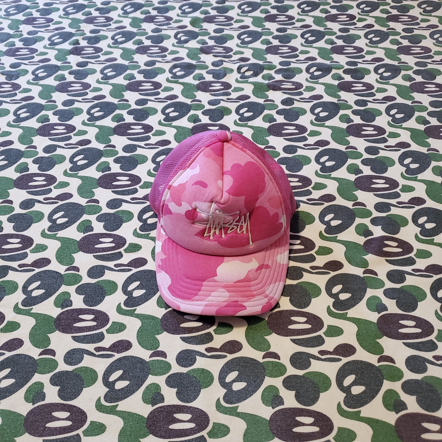 Bape x Stussy ABC Pink Trucker Hat